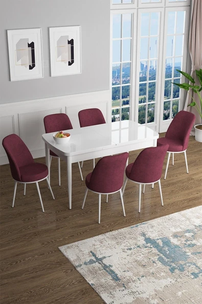 Canisa Han Serisi, Beyaz 70x114 Açılabilir Mdf Yemek Masası Takımı, 6 Bordo Sandalye ürün görseli 1