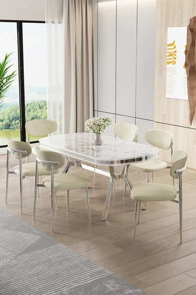 Canisa Olya Serisi 90x168 Lak Panel Beyaz Mermer DesenMasa Takımı Krom Ayaklı 6 Krem Sandalye ürün görseli 1