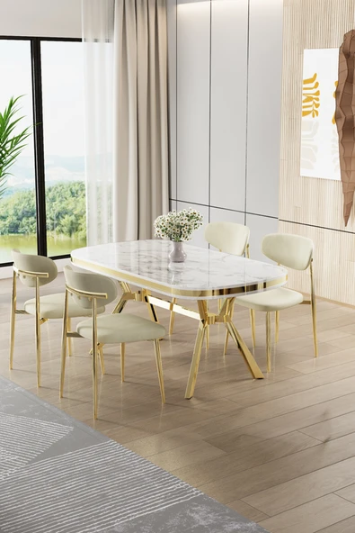 Canisa Olya Serisi 90x168 Lak Panel Beyaz Mermer Desen Masa Takımı Gold Ayaklı 4 Krem Sandalye ürün görseli 1