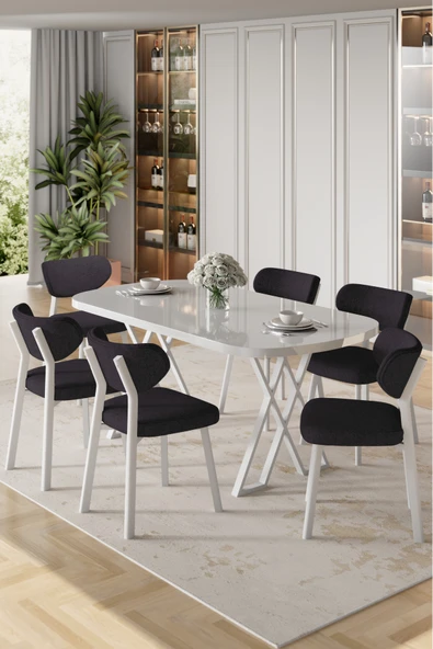 Canisa Axton Serisi Sabit Mdf 90x168 Beyaz Mutfak Masa Takımı 6 Antrasit Sandalye ürün görseli 1