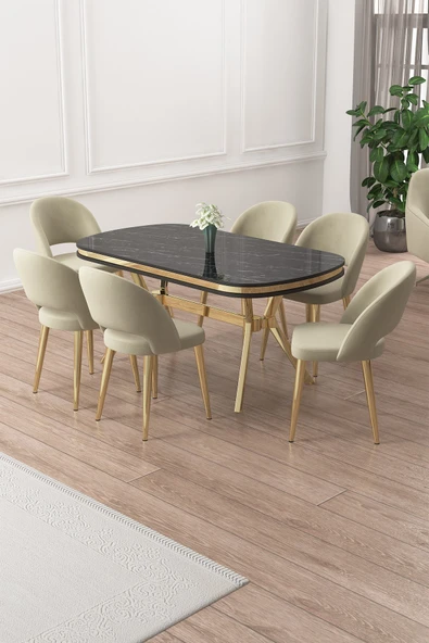 Canisa Jita Serisi 90x168 Lak Panel Siyah Mermer Gold Ayak Masa Takımı ve 6 Krem Sandalye ürün görseli 1
