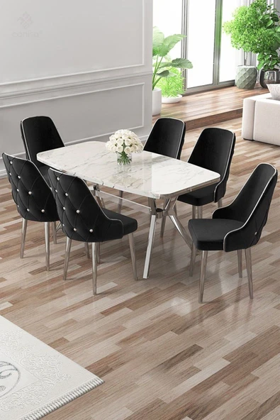 Canisa Asel Serisi 90x160 Lak Panel Beyaz Mermer Desen Krom Kaplama Ayaklı Masa Takımı ve 6 Siyah Sandalye ürün görseli 1