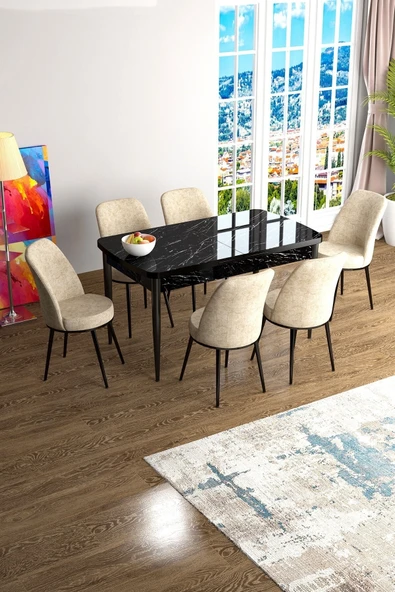 Canisa Han Serisi, Siyah Mermer Desen 70x114, Açılabilir Mdf Mutfak Masa Takımı, 6 Krem Sandalye ürün görseli 1