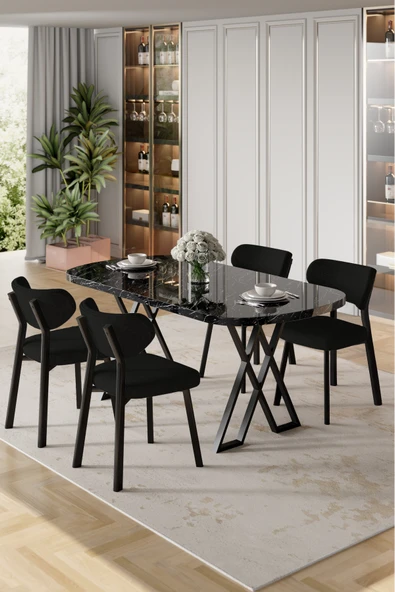 Canisa Axton Serisi Sabit Mdf 90x168 Siyah Mermer Desen Mutfak Masa Takımı 4 Siyah Sandalye ürün görseli 1
