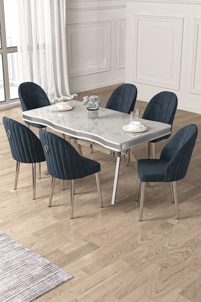 Canisa Pem Serisi 90x160 Lak Panel Beyaz Mermer Desen Krom Ayak Masa Takımı 6 Antrasit Sandalye ürün görseli 1