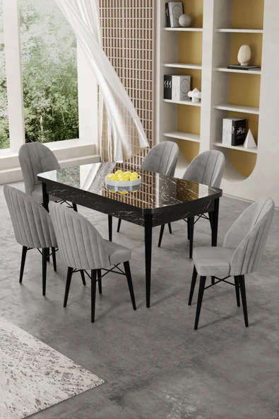 Canisa Gale Serisi 80x132 Açılabilir Lak Panel Siyah Mermer Desen Mutfak Masa Takımı 6 Gri Sandalye ürün görseli 1