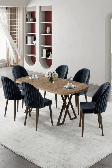 Canisa Kaye Serisi Mdf 90x168 Atlantik Çam Mutfak Masa Takımı 6 Antrasit Sandalye ürün görseli 1