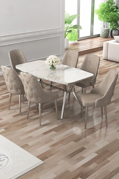 Canisa Asel Serisi 90x160 Lak Panel Beyaz Mermer Desen Krom Ayaklı Masa Takımı ve 6 Cappucino Sandalye ürün görseli 1