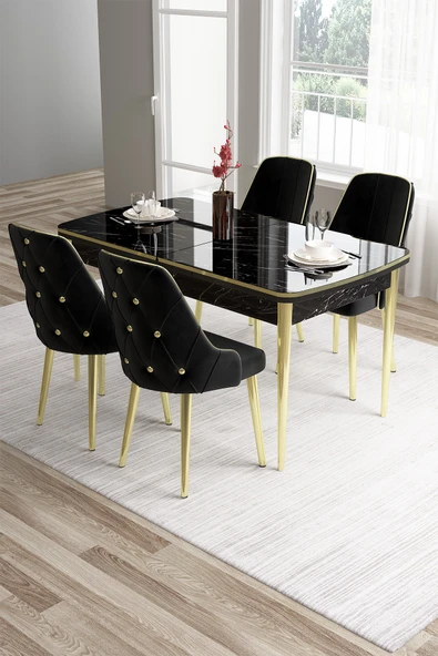 Canisa Tia Serisi 80x132 Açılabilir Mdf Siyah Mermer Desen Gold Detay Masa Takımı Ve 4 Siyah Sandalye ürün görseli 1
