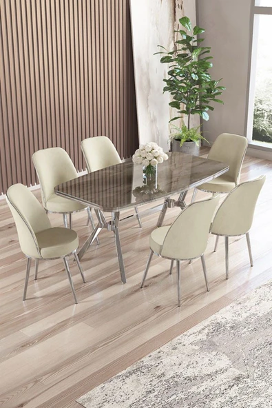 Canisa Lena Serisi 90x160 Lak Panel Antrasit İroni Krom Kaplama Ayaklı Masa Takımı ve 6 Krem Sandalye ürün görseli 1