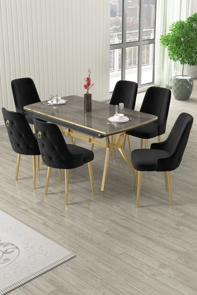 Canisa Nis Serisi 89x150 Açılabilir Lak Panel Antrasit İroni Gold Ayak Masa Takımı ve 6 Siyah Sandalye ürün görseli 1