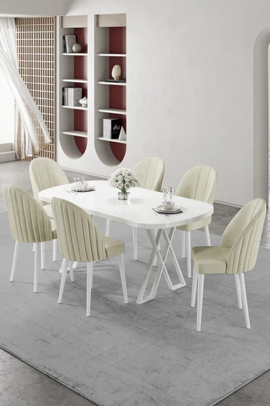 Canisa Kaye Serisi Mdf 90x168 Beyaz Mutfak Masası Takımı 6 Krem Sandalye ürün görseli 1