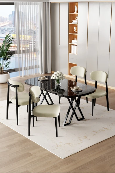 Canisa Jolin Serisi Mdf 90x168 Siyah Mermer Desen Masa Takımı 4 Krem Metal Sandalye ürün görseli 1