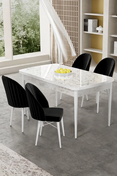 Canisa Gale Serisi 80x132 Açılabilir Lak Panel Beyaz Mermer Desen Mutfak Masa Takımı 4 Siyah Sandalye ürün görseli 1