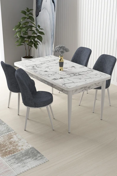 Canisa Nil Serisi 70x110 Sabit Mutfak Masası Takımı Beyaz Mermer Desen Masa 4 Füme Sandalye ürün görseli 1