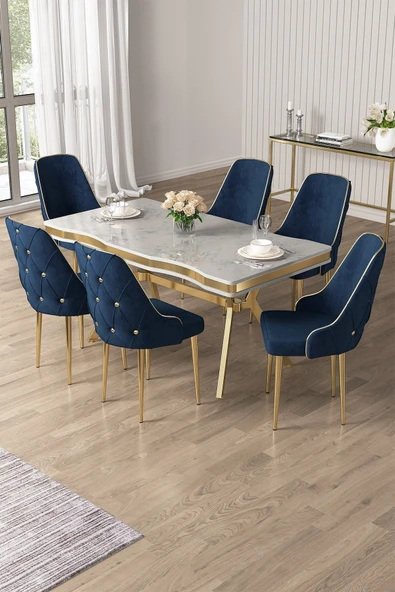 Canisa Vae Serisi 90x160 Lak Panel Beyaz Mermer Desen Gold Ayak Masa Takımı 6 Lacivert Sandalye ürün görseli 1