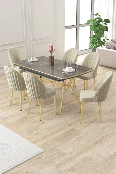 Canisa Sim Serisi 89x150 Açılabilir Lak Panel Antrasit İroni Gold Ayak Masa Takımı ve 6 Krem Sandalye ürün görseli 1