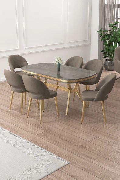 Canisa Jita Serisi 90x168 Lak Panel Antrasit İroni Gold Ayak Masa Takımı ve 6 Cappucino Sandalye ürün görseli 1