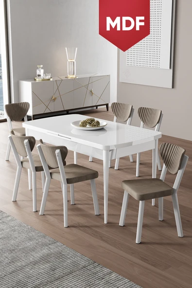 Canisa Exve Serisi 80x132 Açılabilir MDF Beyaz Masa Takımı ve 6 Cappucino Sandalye ürün görseli 1