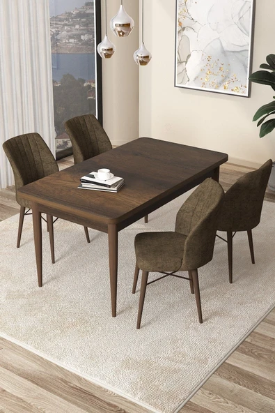 Canisa Arp Serisi 70x110 Sabit Mutfak Masası Takımı Barok Desen Masa 4 Kahverengi Sandalye ürün görseli 1