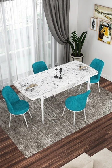 Canisa Kor Serisi 70x114 Açılabilir Mutfak Masası Takımı Beyaz Mermer Desen Masa 4 Turkuaz Sandalye ürün görseli 1