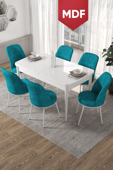 Canisa Kor Serisi, Beyaz Açılabilir MDF  70x114 Yemek Masa Takımı 6 Turkuaz Sandalye ürün görseli 1