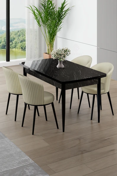 Canisa Asfel Serisi MDF 77x130 Siyah Mermer Desen Yandan Açılabilir Mutfak Masa Takımı 4 Krem Sandalye ürün görseli 1