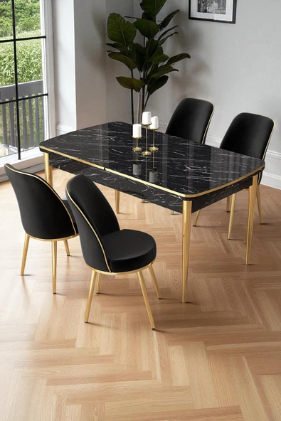 Canisa Nira Serisi 70x114 Mdf Siyah Mermer Desen Mutfak Masa Takımı 4 Siyah Sandalye Gold Detay ürün görseli 1