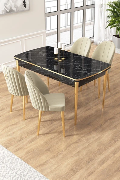 Canisa Edaf Serisi 80x132 Açılabilir Siyah Mermer Desen Mutfak Masa Takımı 4 Krem Sandalye Gold Detay ürün görseli 1