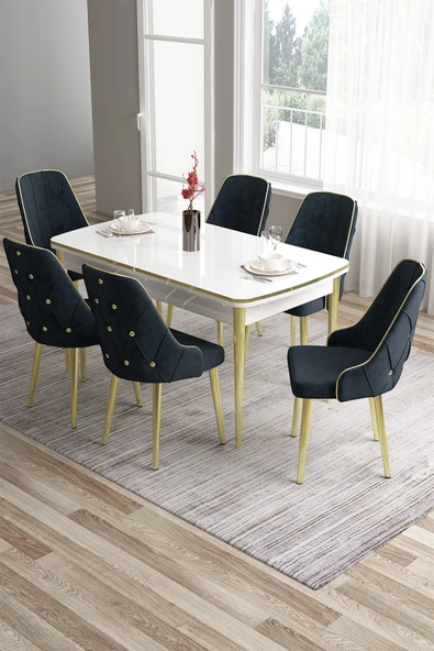 Canisa Tia Serisi 80x132 Açılabilir Mdf Mutfak Masası Takımı Beyaz Masa Gold Detay 6 Antrasit Sandalye ürün görseli 1