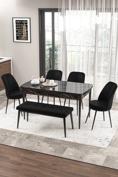 Canisa Zen Serisi 80x132 Mdf Açılabilir Siyah Mermer Desen Masa Takımı 4 Siyah Sandalye Ve 1 Bench ürün görseli 1