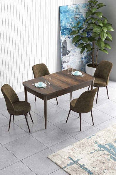 Canisa Han Serisi 70x114 Açılabilir Mdf Mutfak Masası Takımı Barok Desen Masa 4 Kahverengi Sandalye ürün görseli 1