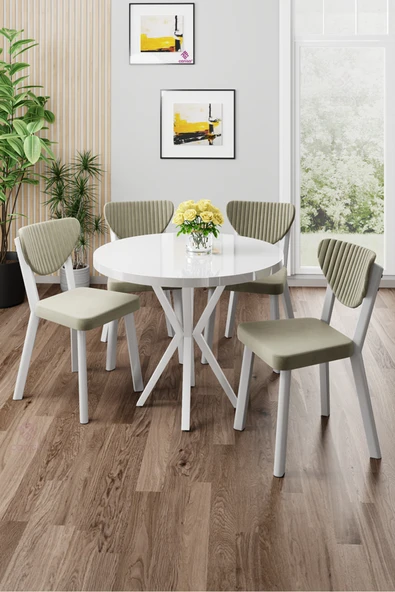 Canisa Agnes Serisi 90x90 Yuvarlak Beyaz Masa Takımı ve 4 Krem Sandalye ürün görseli 1