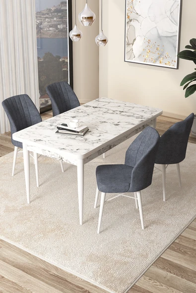 Canisa Arp Serisi 70x110 Sabit Beyaz Mermer Desen Masa Takımı 4 Füme Sandalye ürün görseli 1