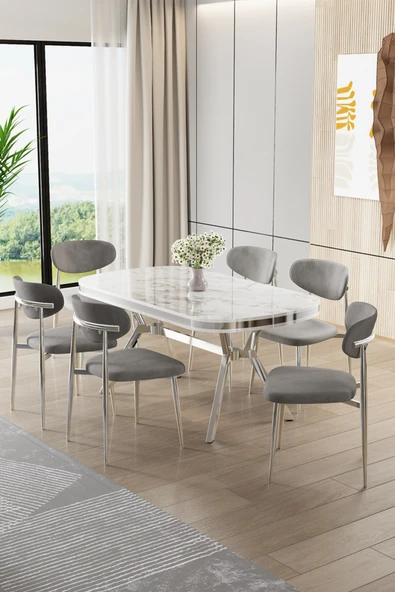 Canisa Olya Serisi 90x168 Lak Panel Beyaz Mermer Desen Masa Takımı Krom Ayaklı 6 Gri Sandalye ürün görseli 1
