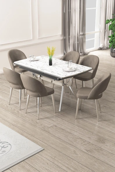Canisa Weps Serisi 89x150 Açılabilir Lak Panel Beyaz Mermer Krom Ayak Masa Takımı ve 6 Cappucino Sandalye ürün görseli 1