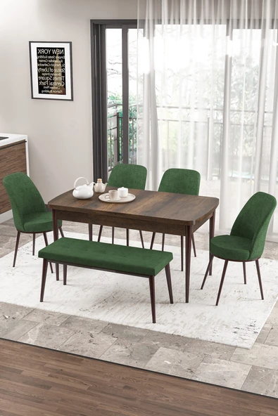 Canisa Zen Serisi 80x132 Mdf Açılabilir Barok Ahşap Desen Masa Takımı 4 Haki Yeşil Sandalye Ve 1 Bench ürün görseli 1