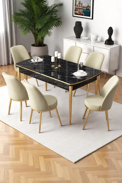 Canisa Nira Serisi 70x114 Mdf Siyah Mermer Desen Mutfak Masa Takımı 6 Krem Sandalye Gold Detay ürün görseli 1