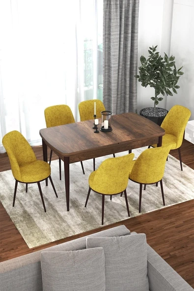 Canisa Kor Serisi 70x114 Açılabilir Mutfak Masası Takımı Barok Desen Masa 6 Hardal Sandalye ürün görseli 1