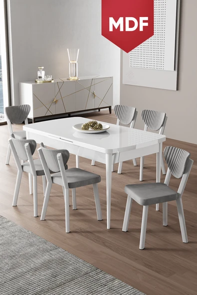 Canisa Exve Serisi 80x132 Açılabilir MDF Beyaz Masa Takımı ve 6 Gri Sandalye ürün görseli 1