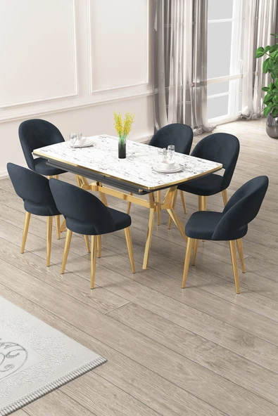 Canisa Weps Serisi 89x150 Açılabilir Lak Panel Beyaz Mermer Gold Ayak Masa Takımı ve 6 Antrasit Sandalye ürün görseli 1