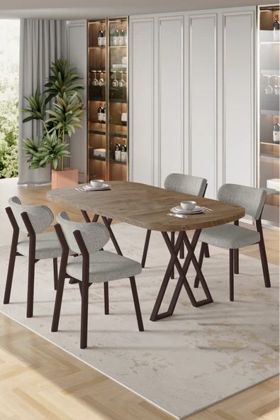 Canisa Axton Serisi Sabit Mdf 90x168 Atlantik Çam Mutfak Masa Takımı 4 Gri Sandalye ürün görseli 1