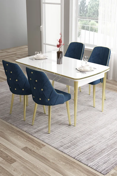 Canisa Tia Serisi 80x132 Açılabilir Mdf Mutfak Masası Takımı Beyaz Masa Gold Detay 4 Lacivert Sandalye ürün görseli 1