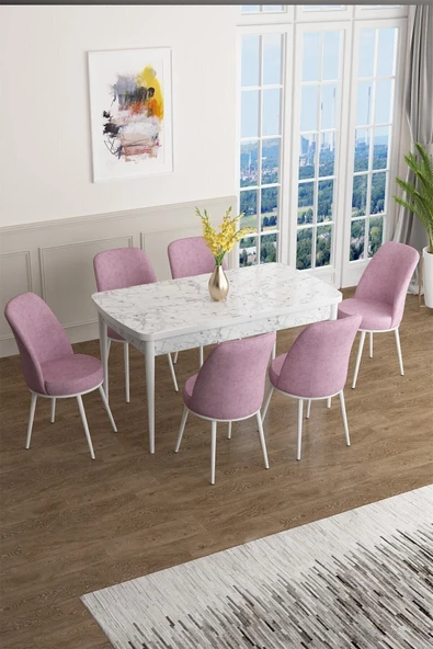 Canisa Han Serisi 70x114 Açılabilir Mdf Mutfak Masası Takımı Beyaz Mermer Desen Masa 6 Pembe Sandalye ürün görseli 1