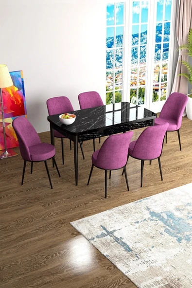 Canisa Han Serisi 70x114 Açılabilir Mdf Mutfak Masası Takımı Siyah Mermer Desen Masa 6 Mor Sandalye ürün görseli 1