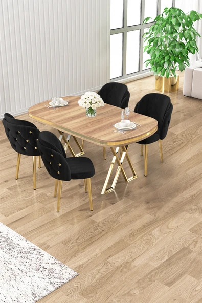 Canisa Zae Serisi 90x168 Lak Panel Hazar Gold Ayak Masa Takımı 4 Siyah Sandalye ürün görseli 1