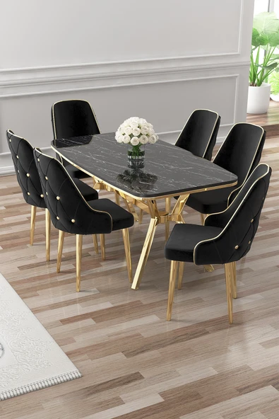 Canisa Asel Serisi 90x160 Lak Panel Siyah Mermer Desen Gold Detay Masa Takımı ve 6 Siyah Sandalye ürün görseli 1