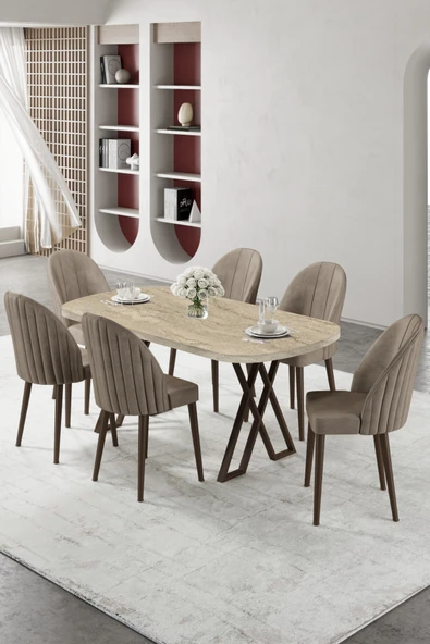 Canisa Kaye Serisi Mdf 90x168 Traverten Mutfak Masası Takımı 6 Cappucino Sandalye ürün görseli 1