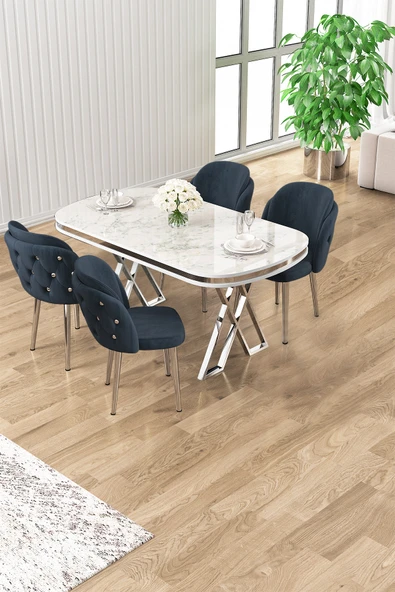 Canisa Zae Serisi 90x168 Lak Panel Beyaz Mermer Desen Krom Ayak Masa Takımı 4 Antrasit Sandalye ürün görseli 1