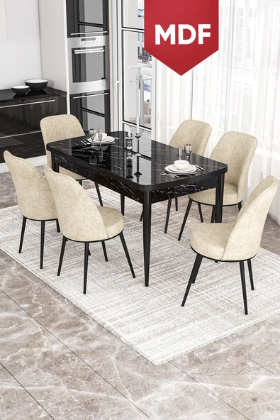 Canisa Kor Serisi, Siyah Mermer Desen 70x114 Açılabilir MDF Yemek Masası Takımı, 6 Sandalye ürün görseli 1